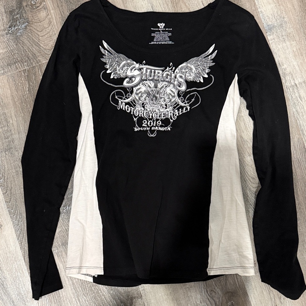 Sturgis motorcycle Women's Black and Cream Graphic Long Sleeve Tee sx l